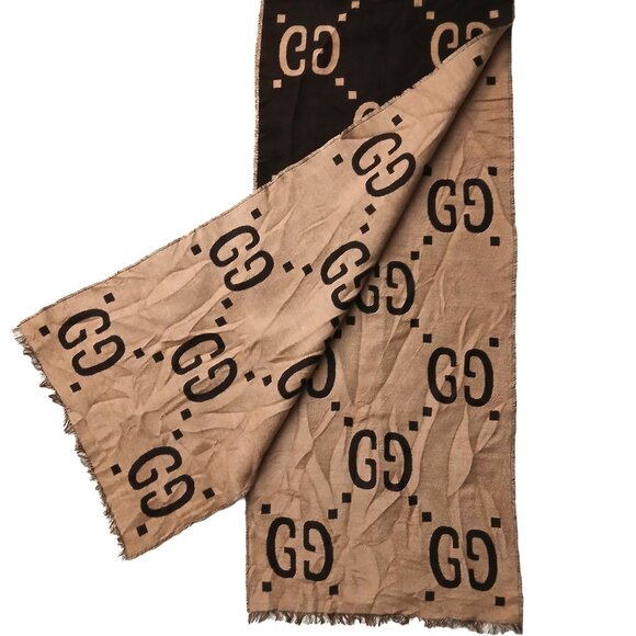 Gucci Chocolate Brown & Tan Reversible Big GG Logo Print Scarf Vintage Pre-Owned - Picture 1 of 7
